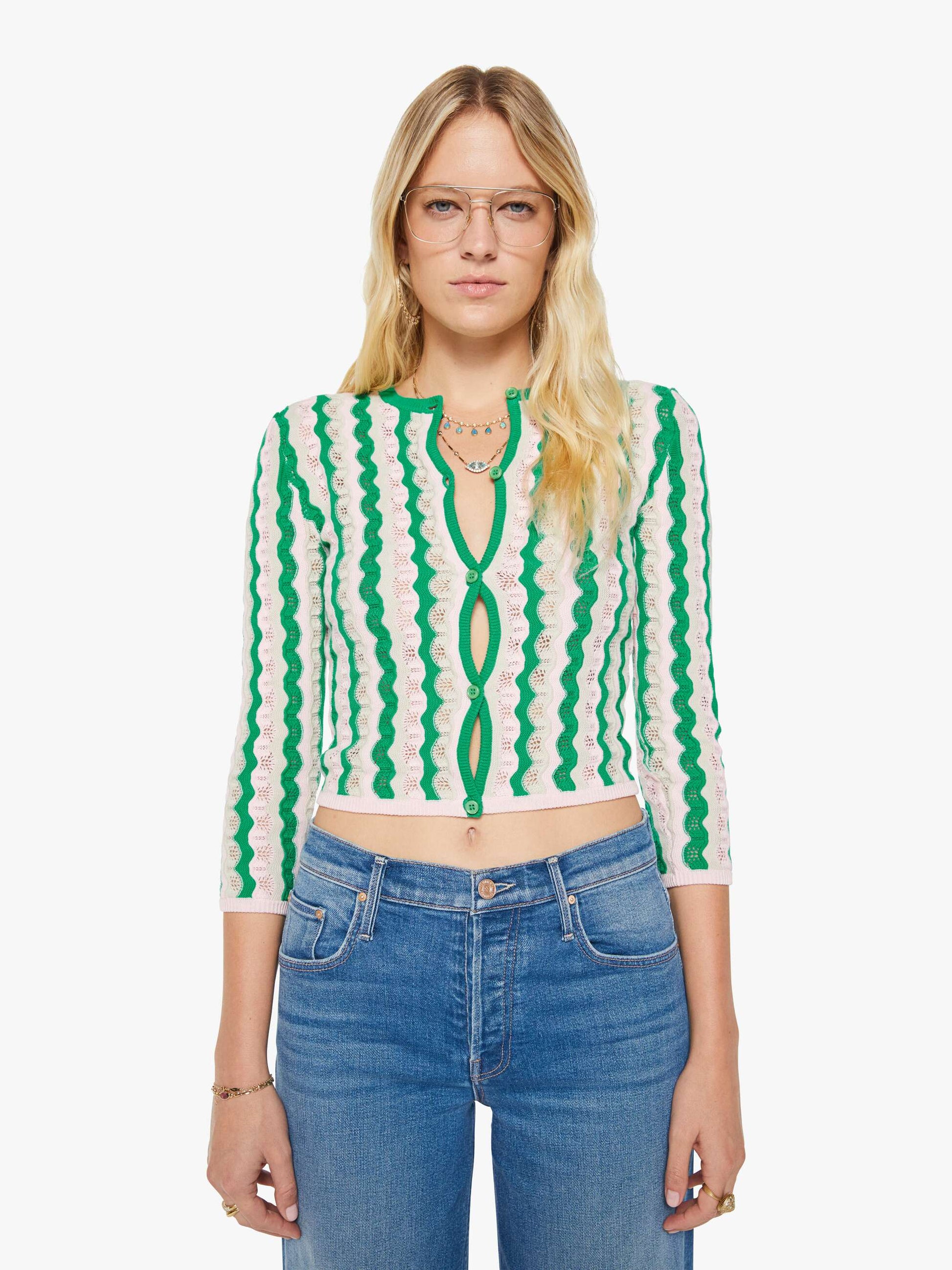 Mother Denim Women THE CREW NECK CARDIGAN POI GREEN PINK COMBO