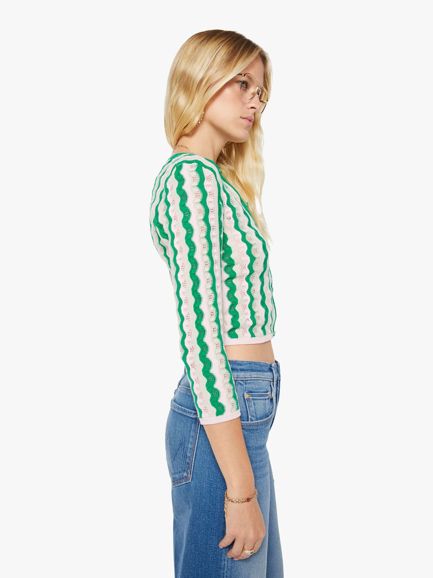 Mother Denim Women THE CREW NECK CARDIGAN POI GREEN PINK COMBO