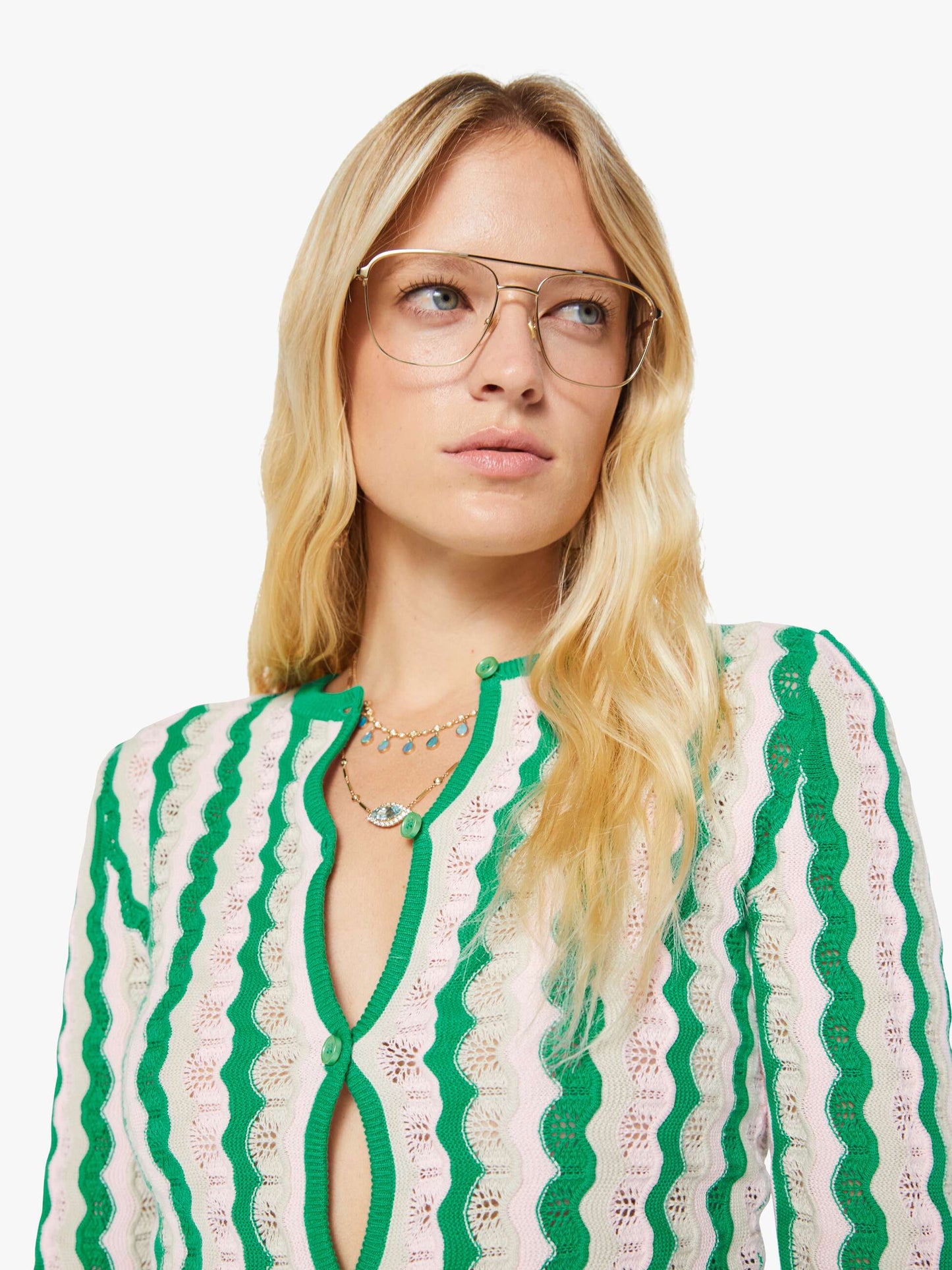 Mother Denim Women THE CREW NECK CARDIGAN POI GREEN PINK COMBO